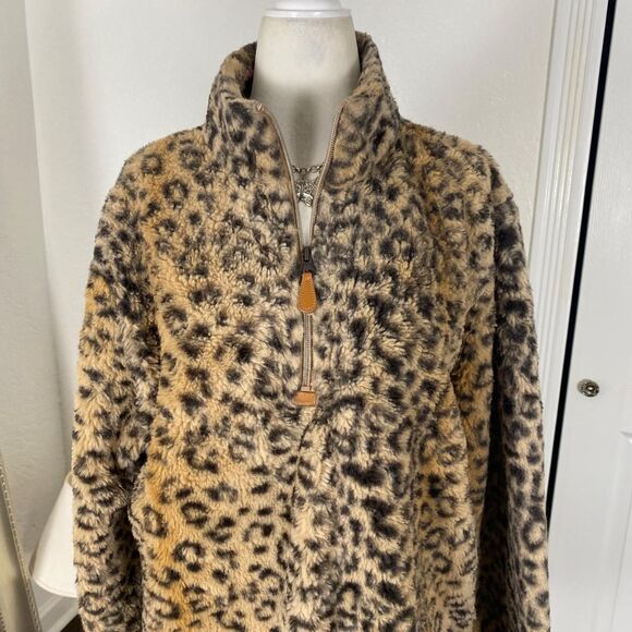 Y2K Fuzzy Brown Tan Soft Warm Leopard Animal Print Fleece Sweater M Medium - Picture 4 of 6